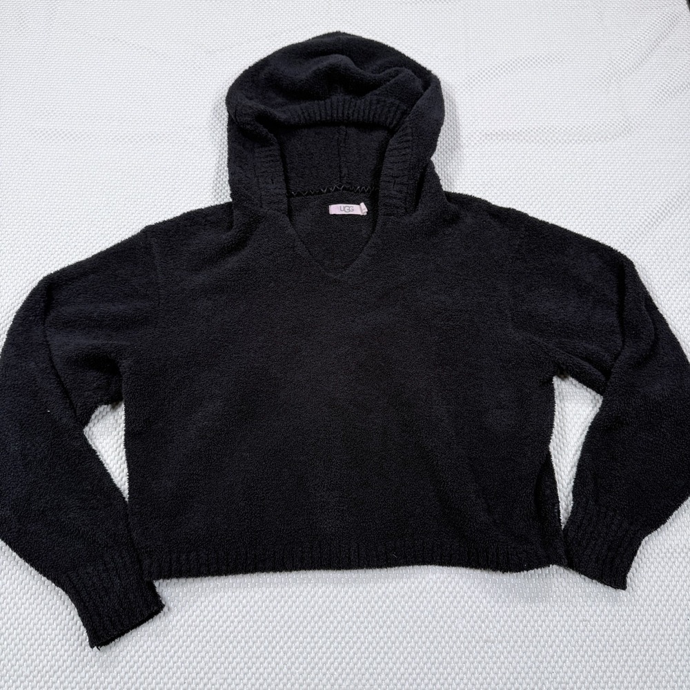 UGG Women Black Fuzzy Hooded Pullover Sweater Cozy Long Sleeve Hoodie S 1121380